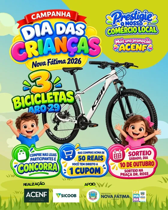 Arte da Campanha Dia das Crianças da ACENF com três bicicletas aro 29