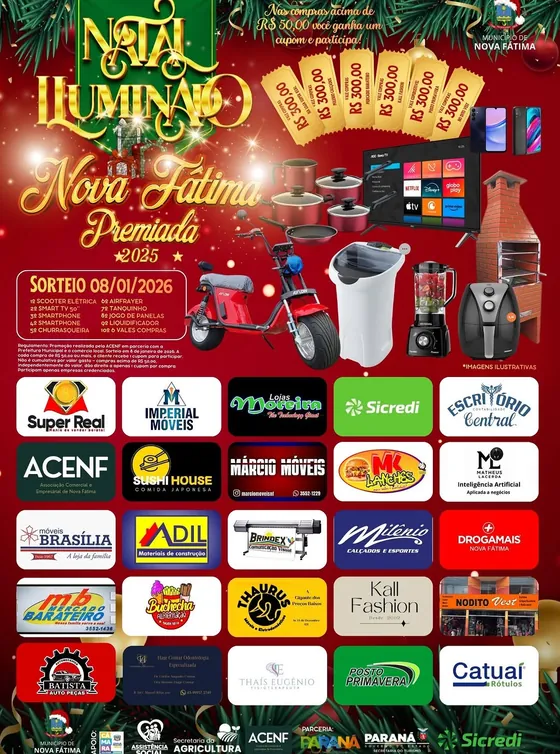 Arte da promoção Natal Iluminado Nova Fátima Premiada 2025 com os prêmios