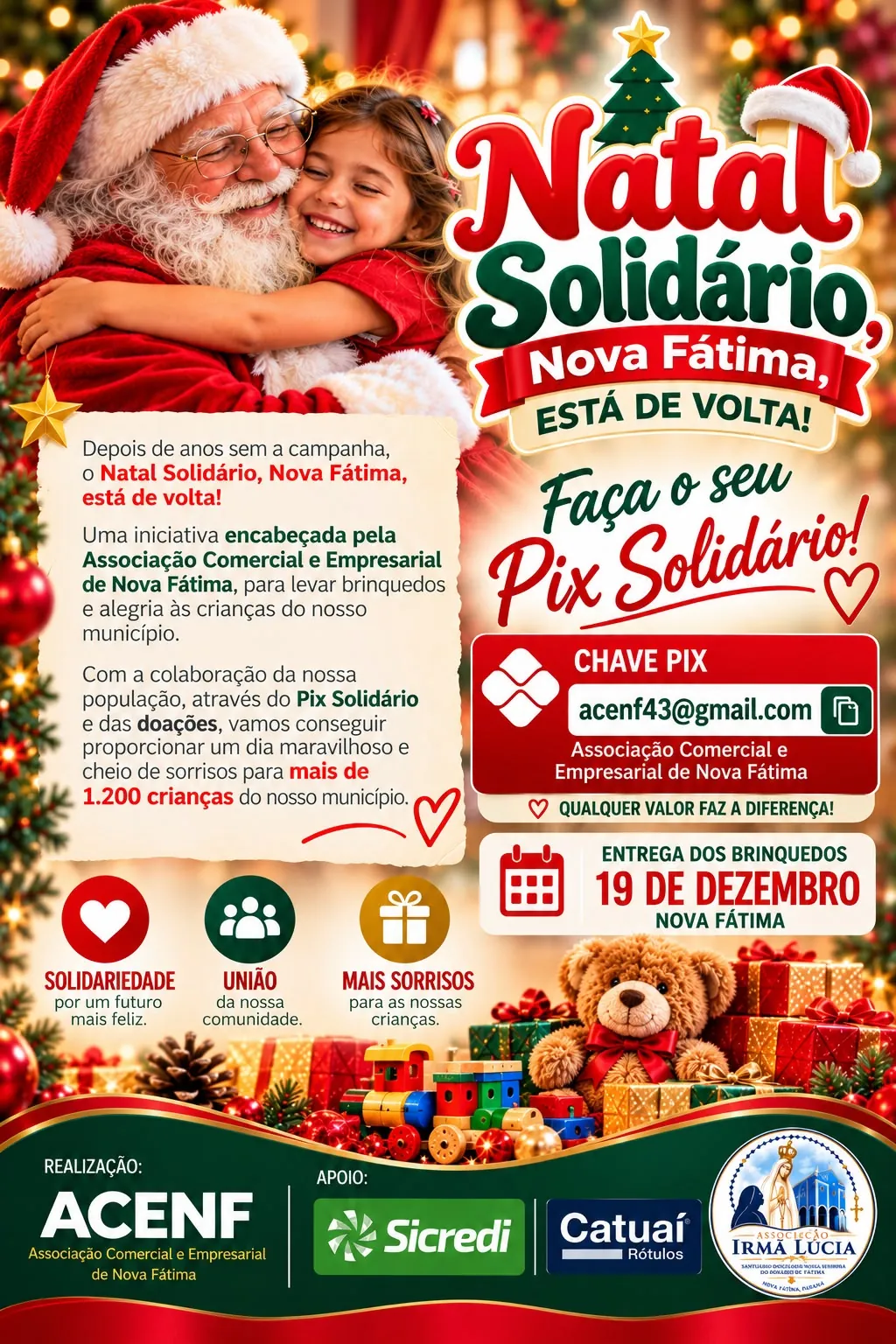 Cartaz do Natal Solidário Nova Fátima com a chave Pix acenf43@gmail.com